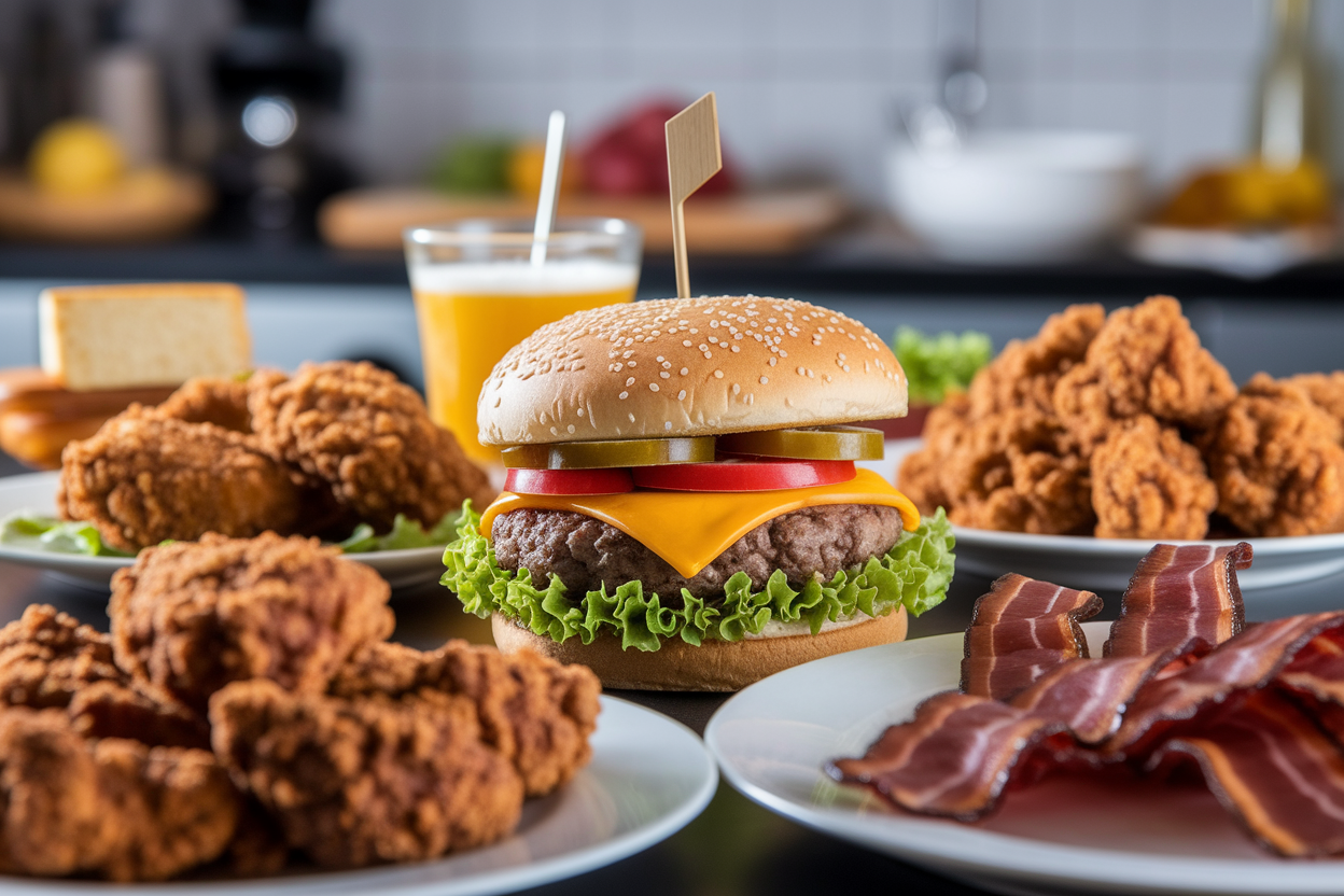 burger-poulet-frit-bacon-table