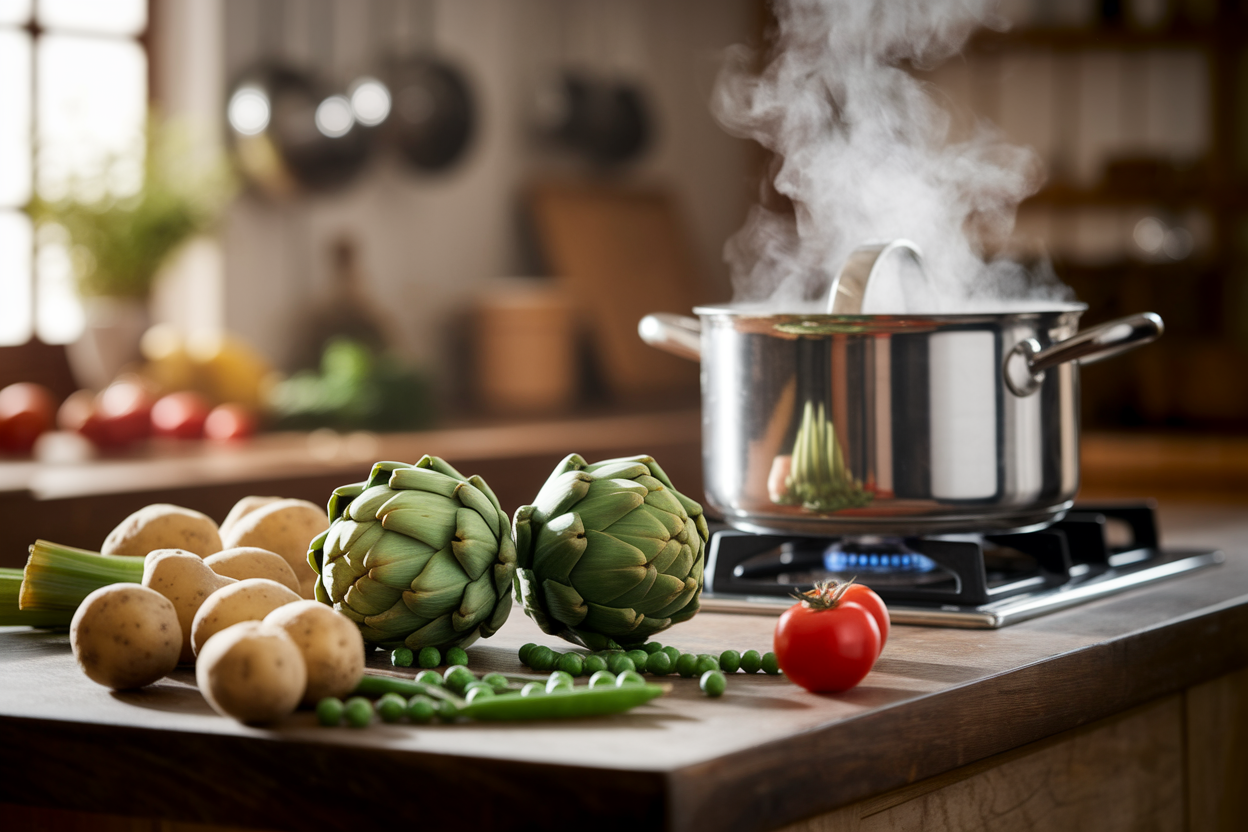 Artichauts Farcis, Pommes de Terre et Petits Pois Mijotés : Recette Facile à la Tomate