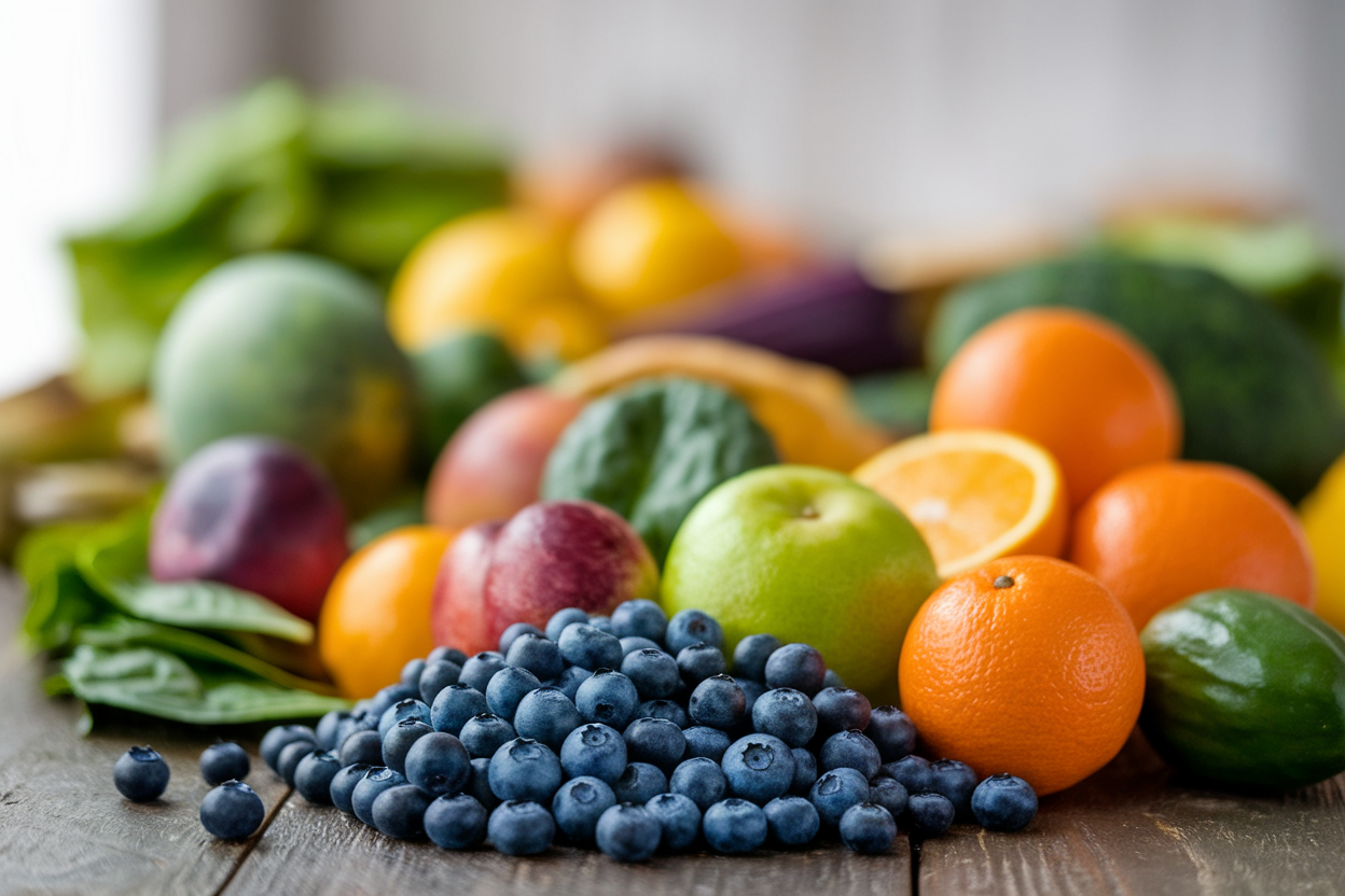 myrtilles-oranges-epinards-table-bois