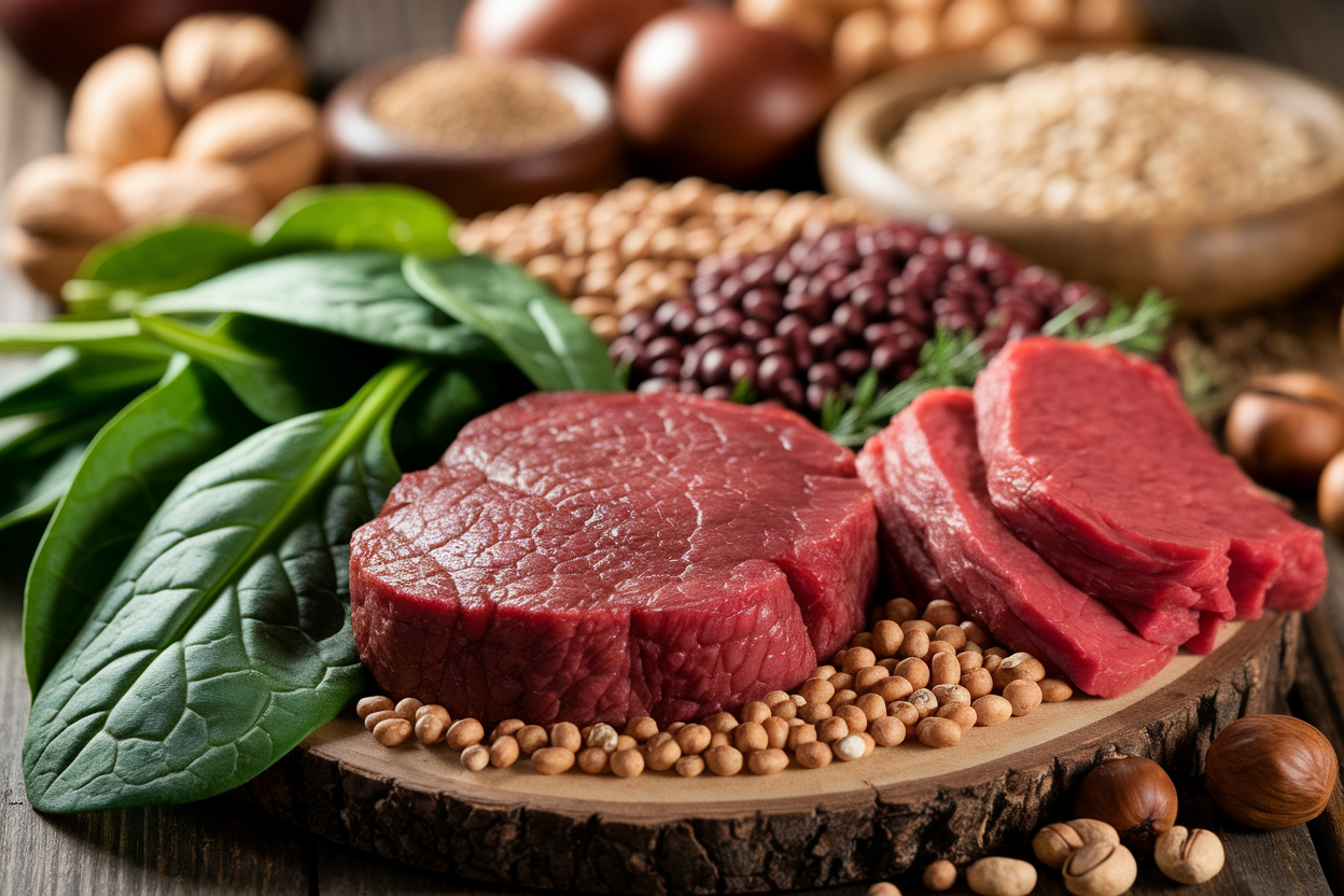 table-bois-epinards-viande-rouge-legumes