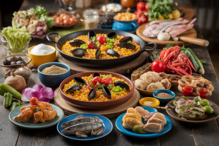 table-rustique-paella-tapas-legumes-frais