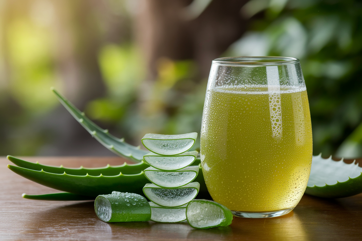 verre-jus-aloevera-table-bois-feuilles