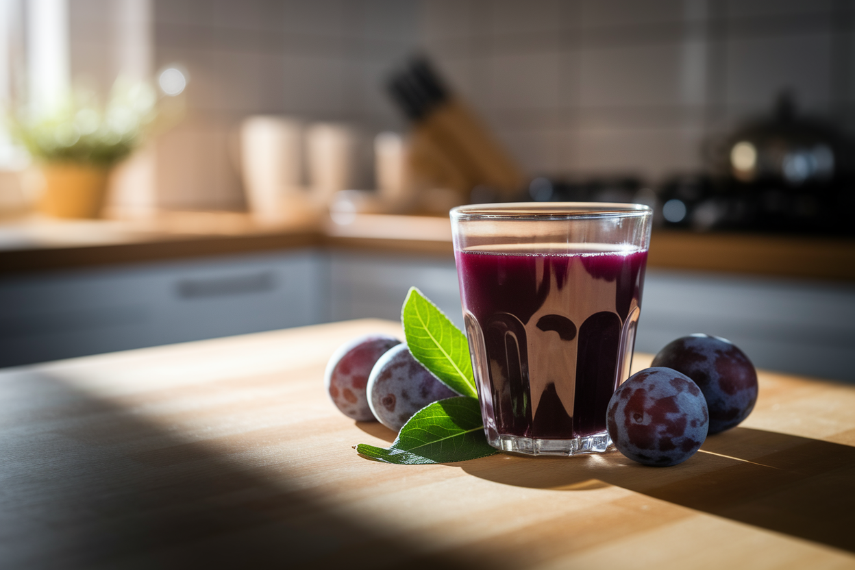 verre-jus-prune-feuilles-bois