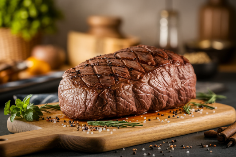 boeuf-roti-planche-bois-herbes