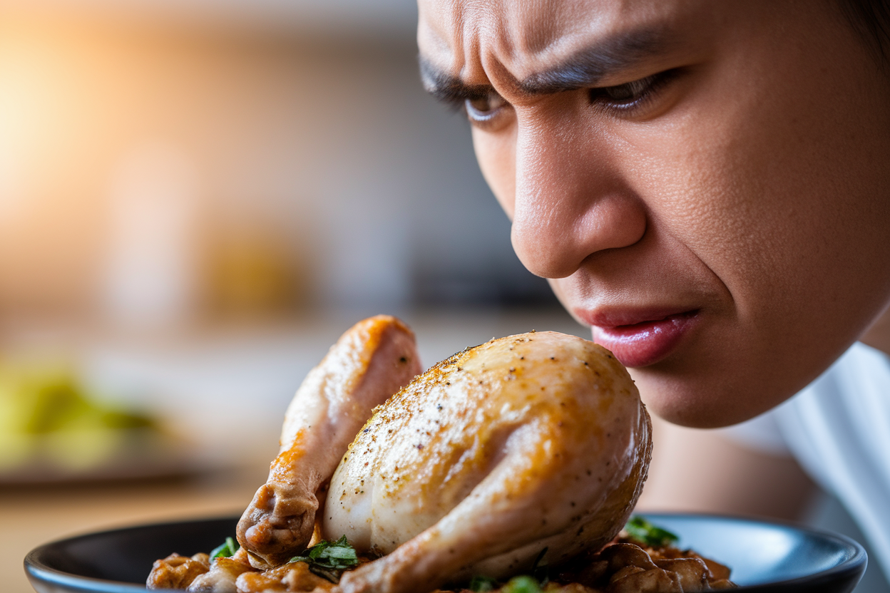 visage-sceptique-hume-poulet-cuisine